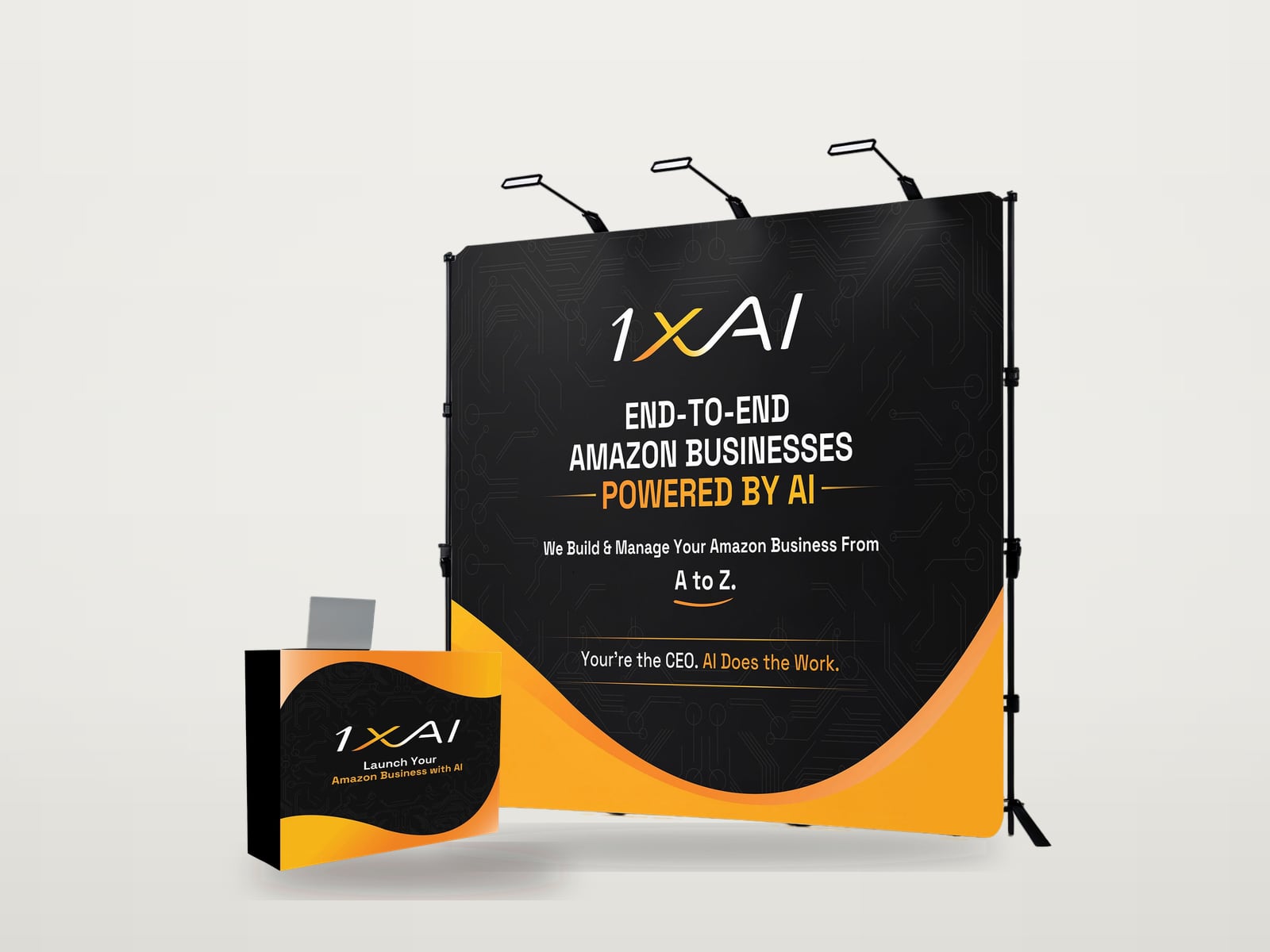 1XAI pop-up backdrop in black and orange headed End-to-end Amazon businesses powered by AI, with a matching curved counter in front, shown on a 3D mockup