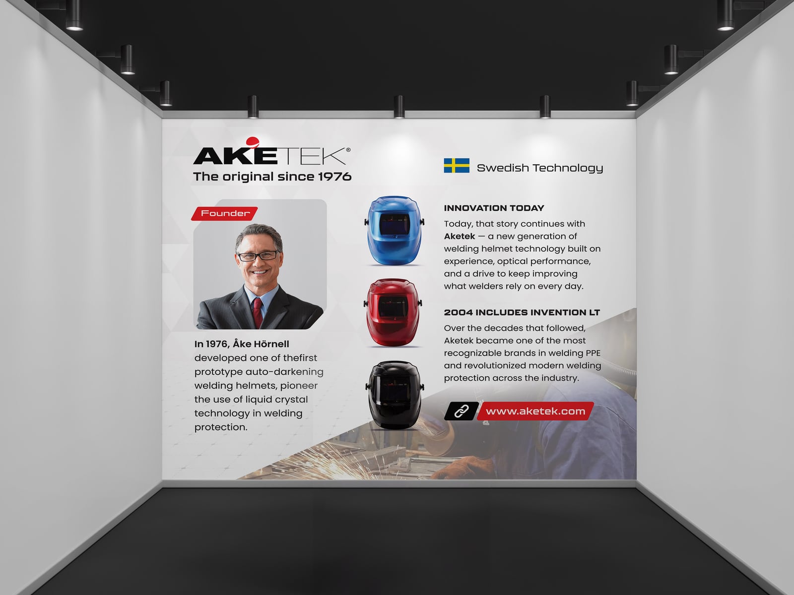 Aketek inline booth backwall in white, red and black: the Aketek logo with The original since 1976, a founder story panel, three welding helmets, Swedish technology and innovation text, shown in a 3D booth mockup