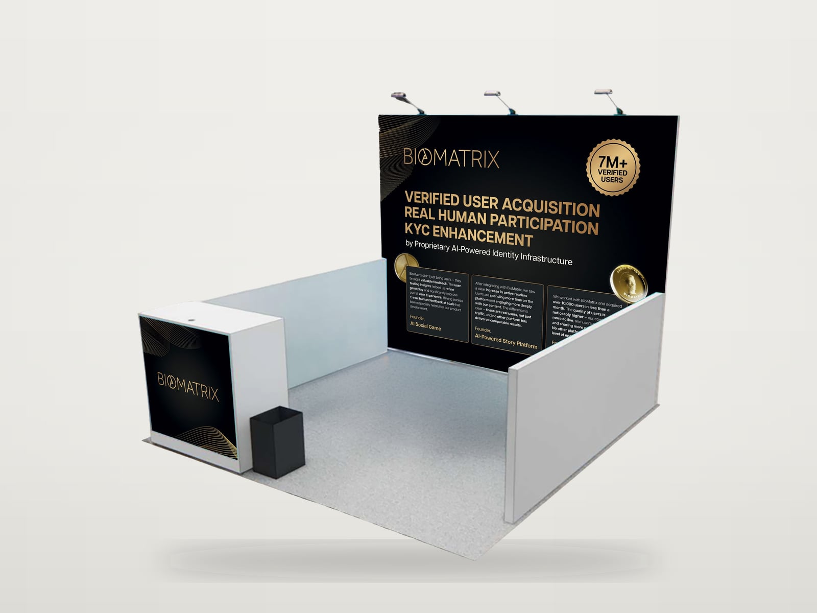 Biomatrix open booth: a black and gold backwall headed Verified user acquisition, real human participation, KYC enhancement, with white side walls and a black branded counter, shown on a 3D mockup