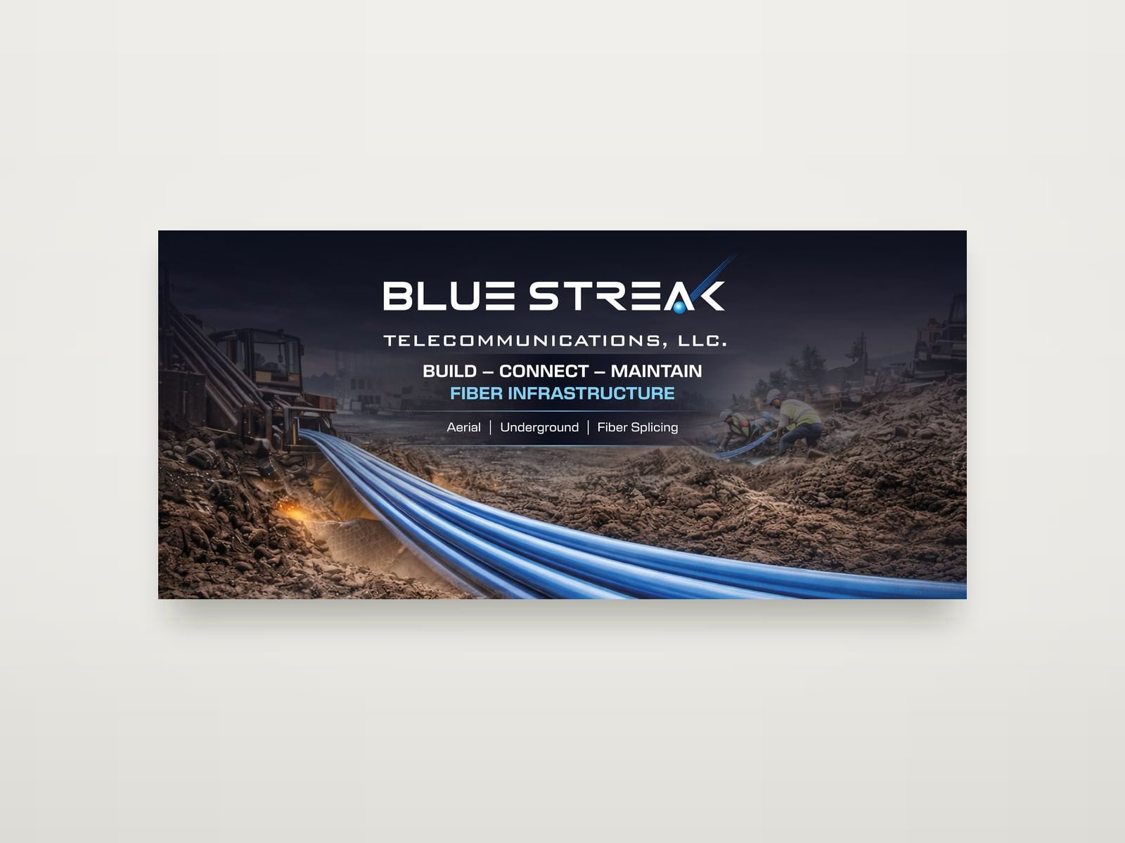 Blue Streak Telecommunications backdrop artwork: fibre cables running through a construction site at dusk, headed Build, connect, maintain fiber infrastructure, with aerial, underground and fiber splicing services