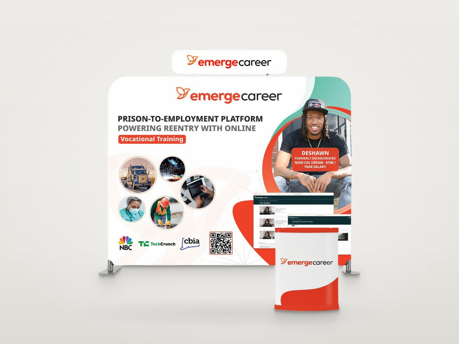 EmergeCareer fabric backwall and counter in white, red and teal, headed Prison-to-employment platform, with training photos and a QR code, shown on a 3D mockup