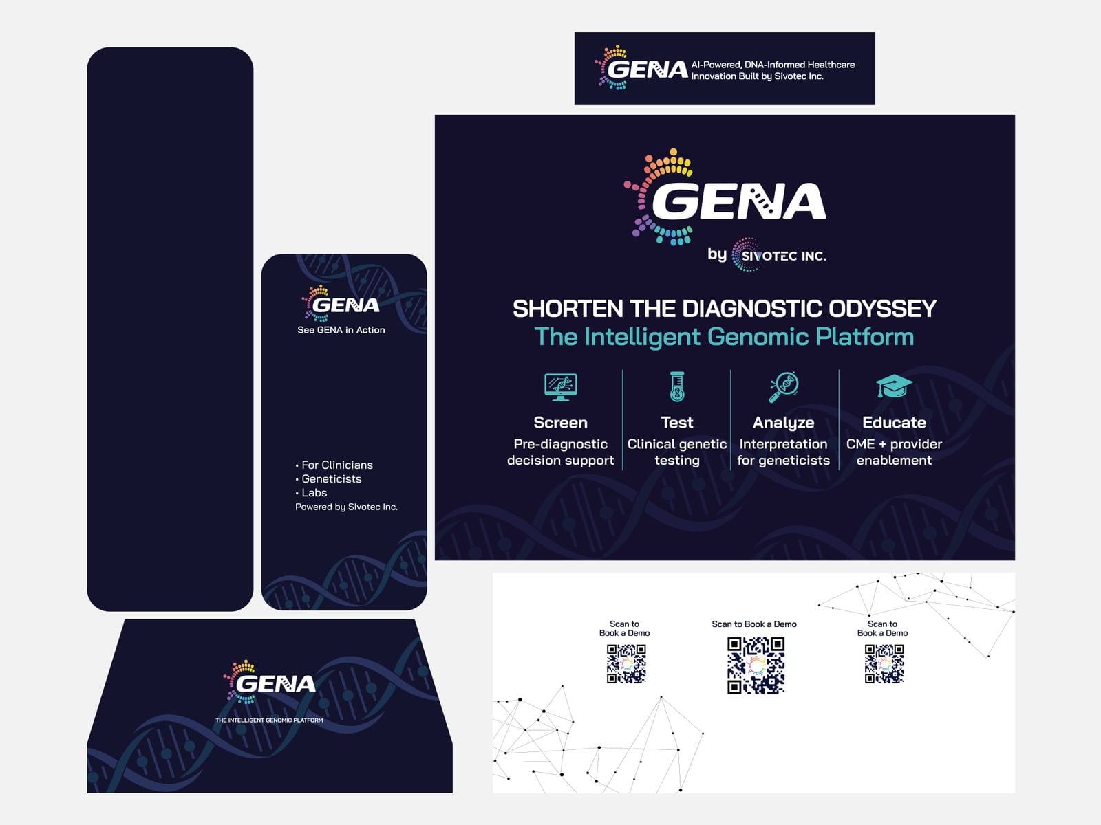 GENA by Sivotec booth graphics laid out panel by panel in dark navy: a header strip, a main wall headed Shorten the diagnostic odyssey with four steps, a tower panel, a counter wrap and a panel of Book a demo QR codes