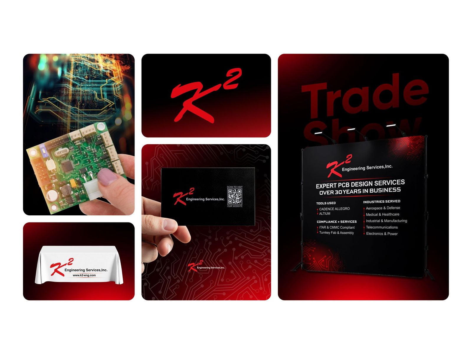 K2 Engineering Services trade show branding in black and red: a backdrop headed Expert PCB design services listing tools, compliance and industries served, a white table cover, a business card with a QR code and a circuit board photo, shown on mockups