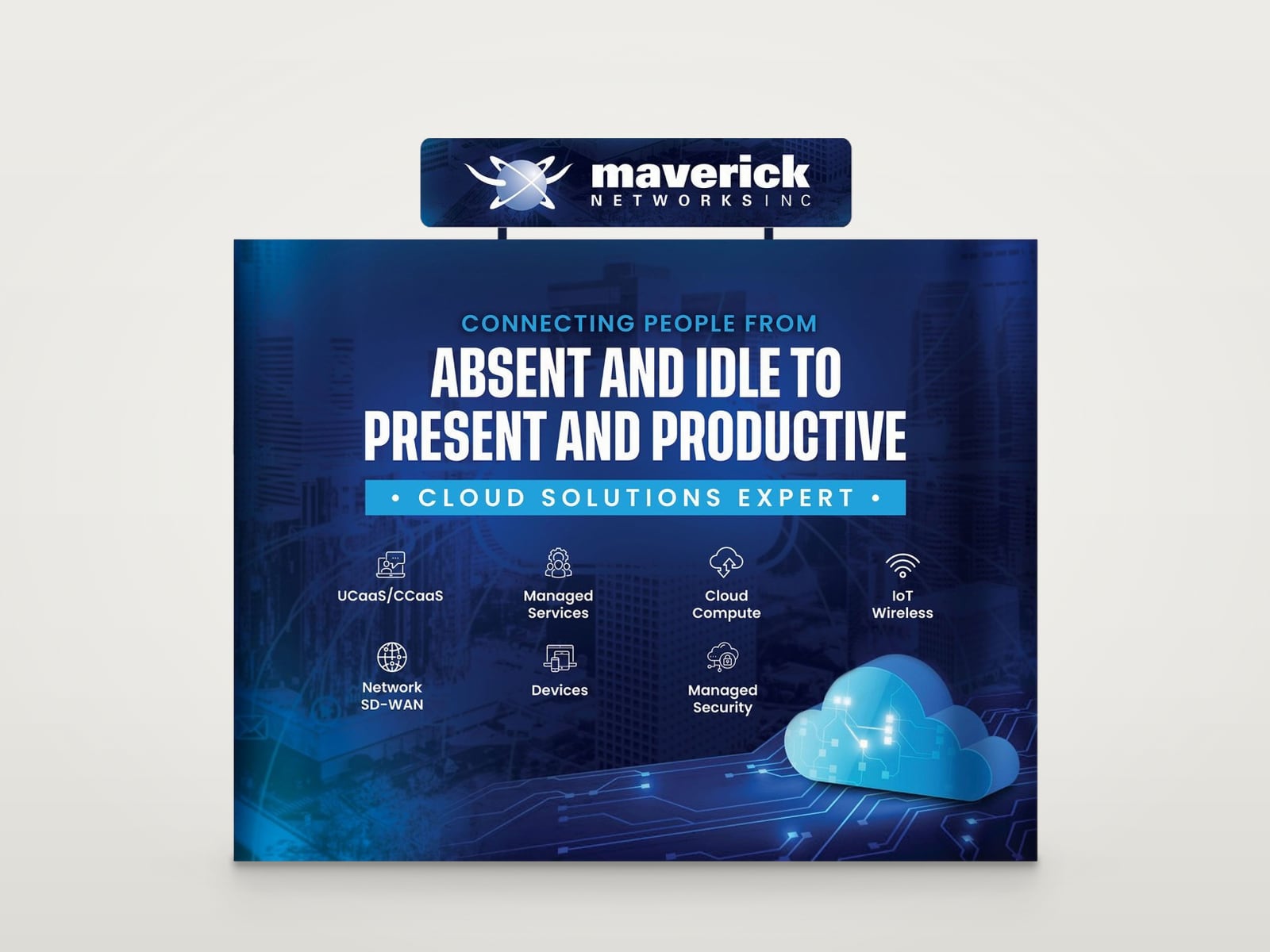 Maverick Networks backdrop with a header sign: a dark blue cloud solutions graphic headed Absent and idle to present and productive, with service icons, shown on a 3D mockup