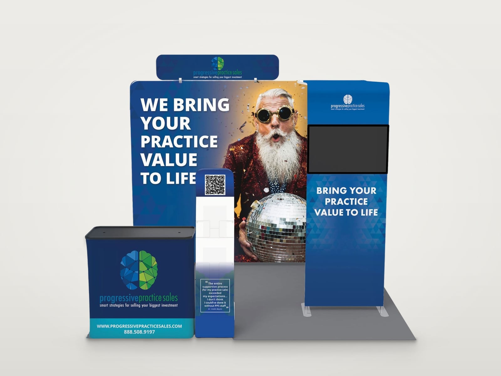 Progressive Practice Sales trade show booth: a blue backwall headed We bring your practice value to life, a branded counter, a monitor tower and a literature stand, shown on a 3D mockup