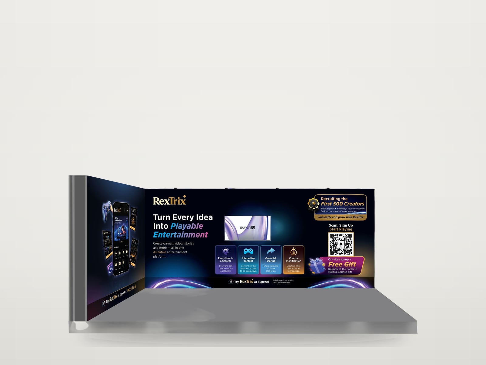 RexTrix L-shaped booth in deep blue and purple, headed Turn every idea into playable entertainment, with app screens on the side wall, a screen, four feature tiles and a QR sign-up panel, shown on a 3D mockup