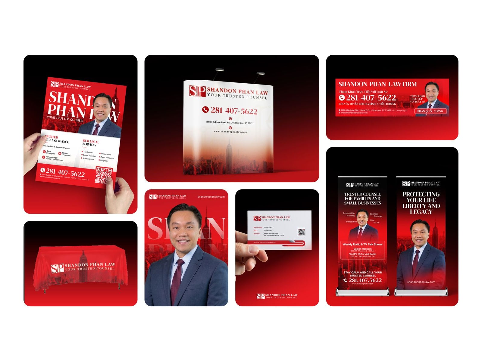 Shandon Phan Law event branding in red and white: a flyer, a pop-up backdrop, a web banner, a table cover, a portrait card, a business card and two roll-up banners, shown on mockups