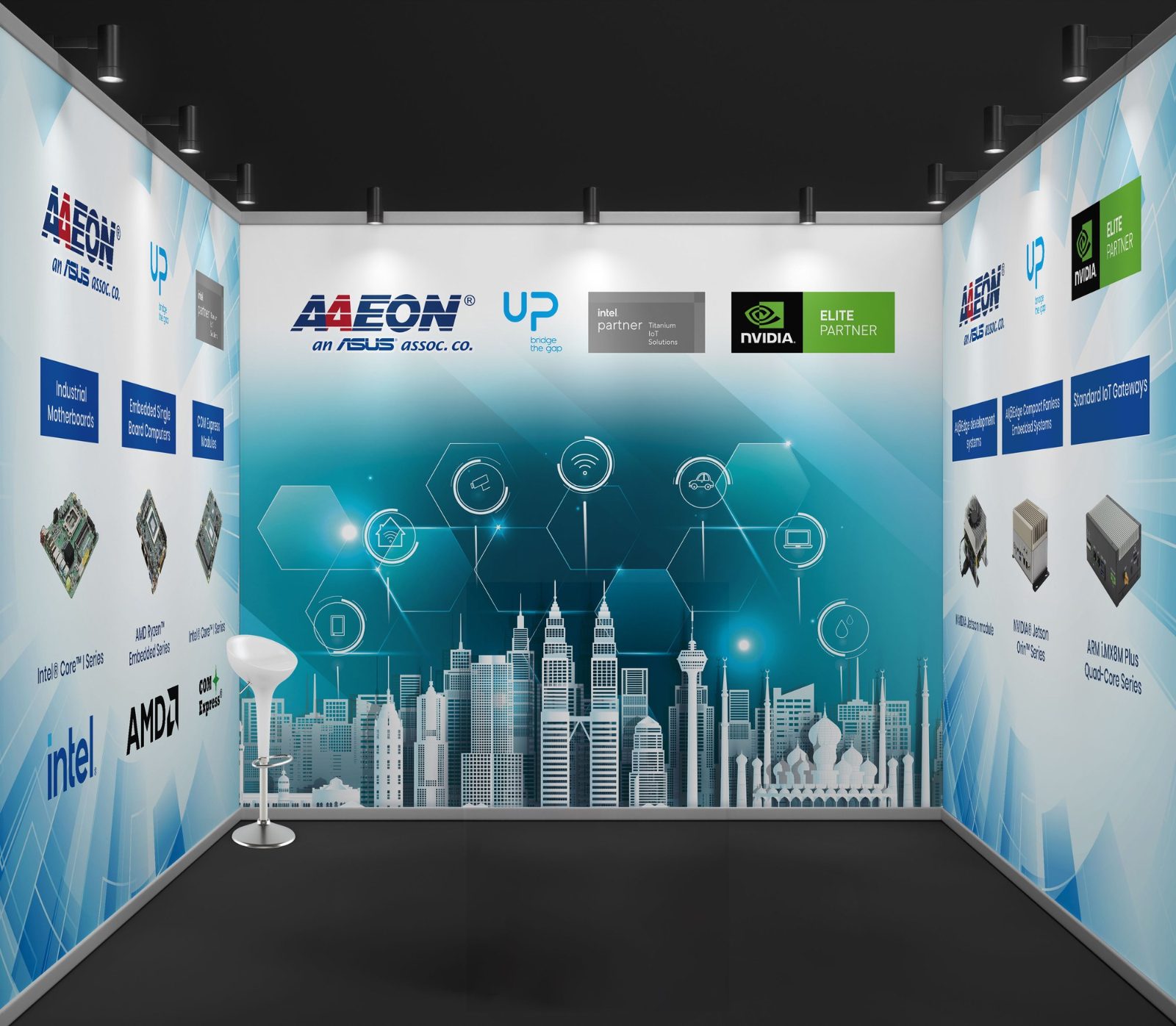 Light blue booth with the AAEON logo and partner logos above a city skyline and connected device icons, with product photos and labels on both side walls