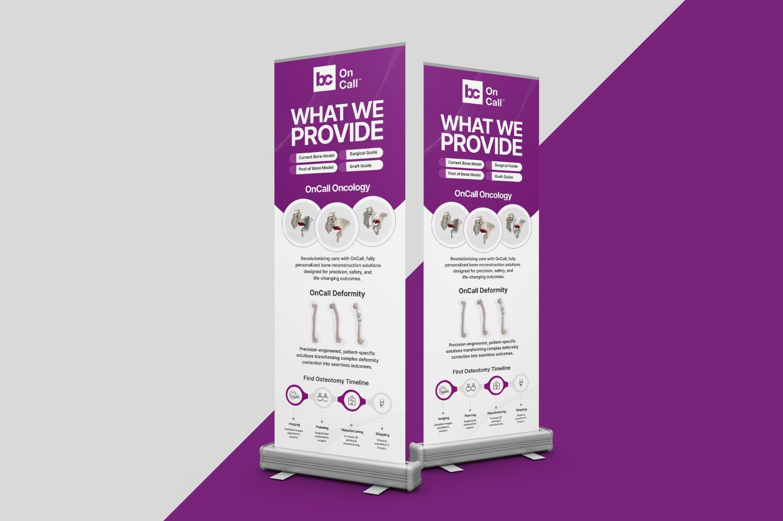 Two purple and white roll-up banners for bc On Call headed What we provide, showing its OnCall Oncology and OnCall Deformity product lines