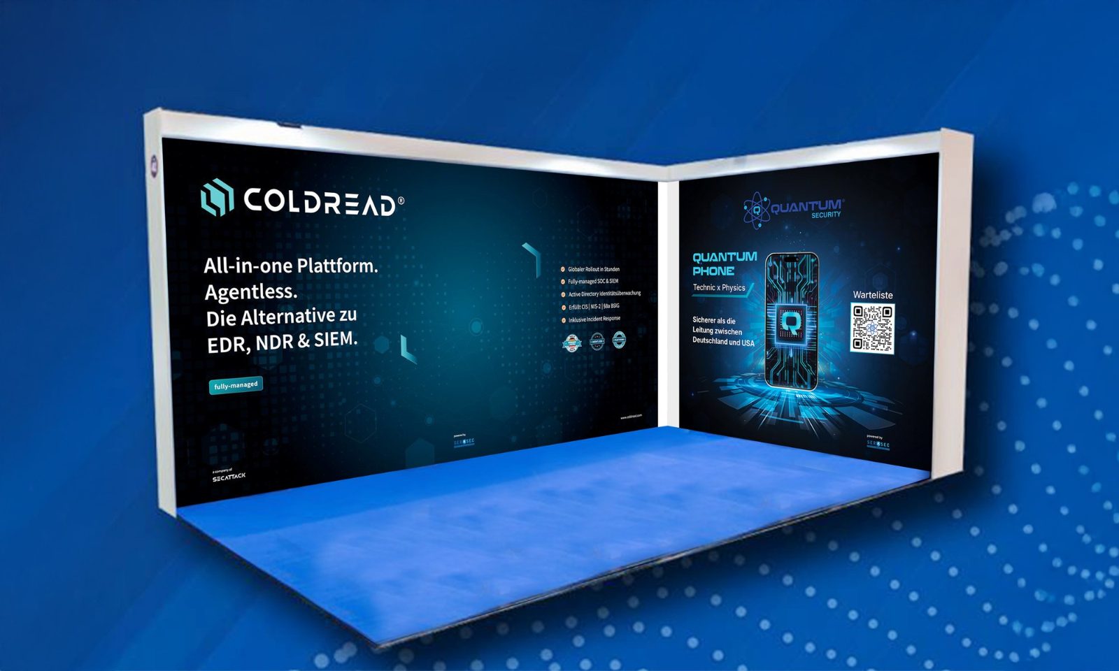 Dark blue corner booth: the back wall headed All-in-one Plattform. Agentless. for Coldread and a side wall for the Quantum Phone by Quantum Security with a waitlist QR code