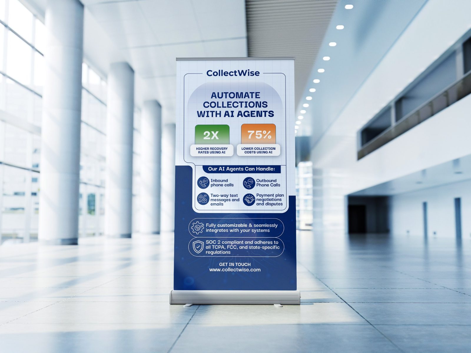 Blue roll-up banner for CollectWise headed Automate collections with AI agents, with two figure callouts and a list of what its AI agents handle, in a bright office lobby