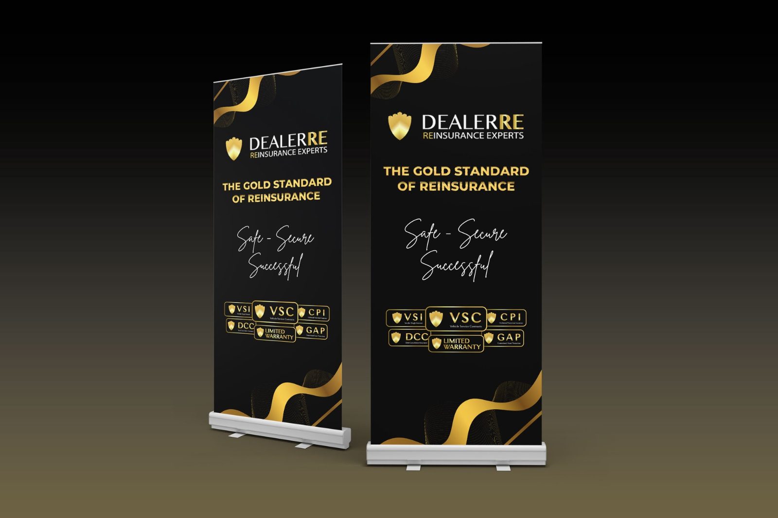 Two black roll-up banners with gold ribbons, the Dealerre Reinsurance Experts logo, a gold headline, a script line and a row of gold product badges