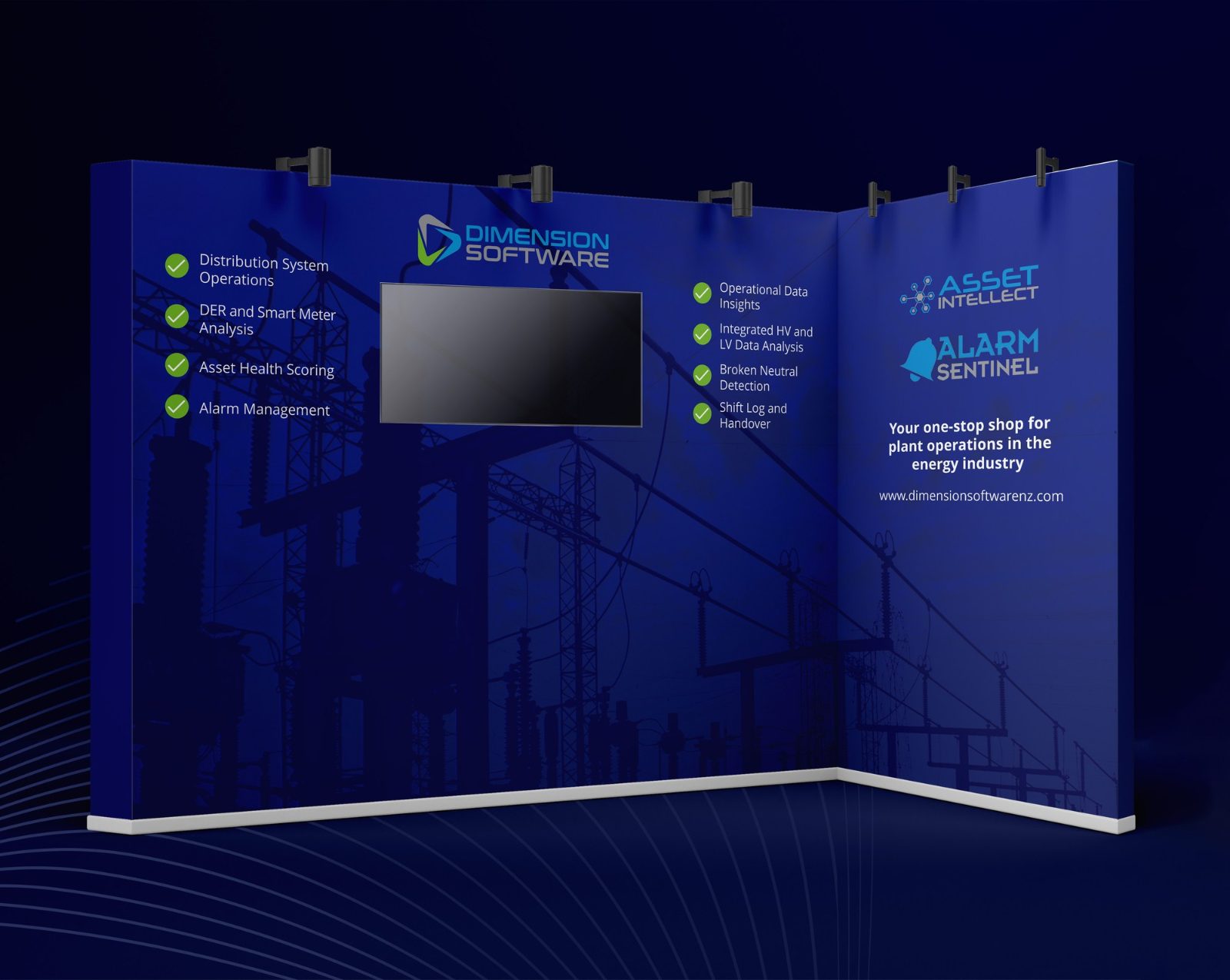 Deep blue L-shaped booth wall for Dimension Software with a screen, power line imagery, feature lists and the Asset Intellect and Alarm Sentinel products