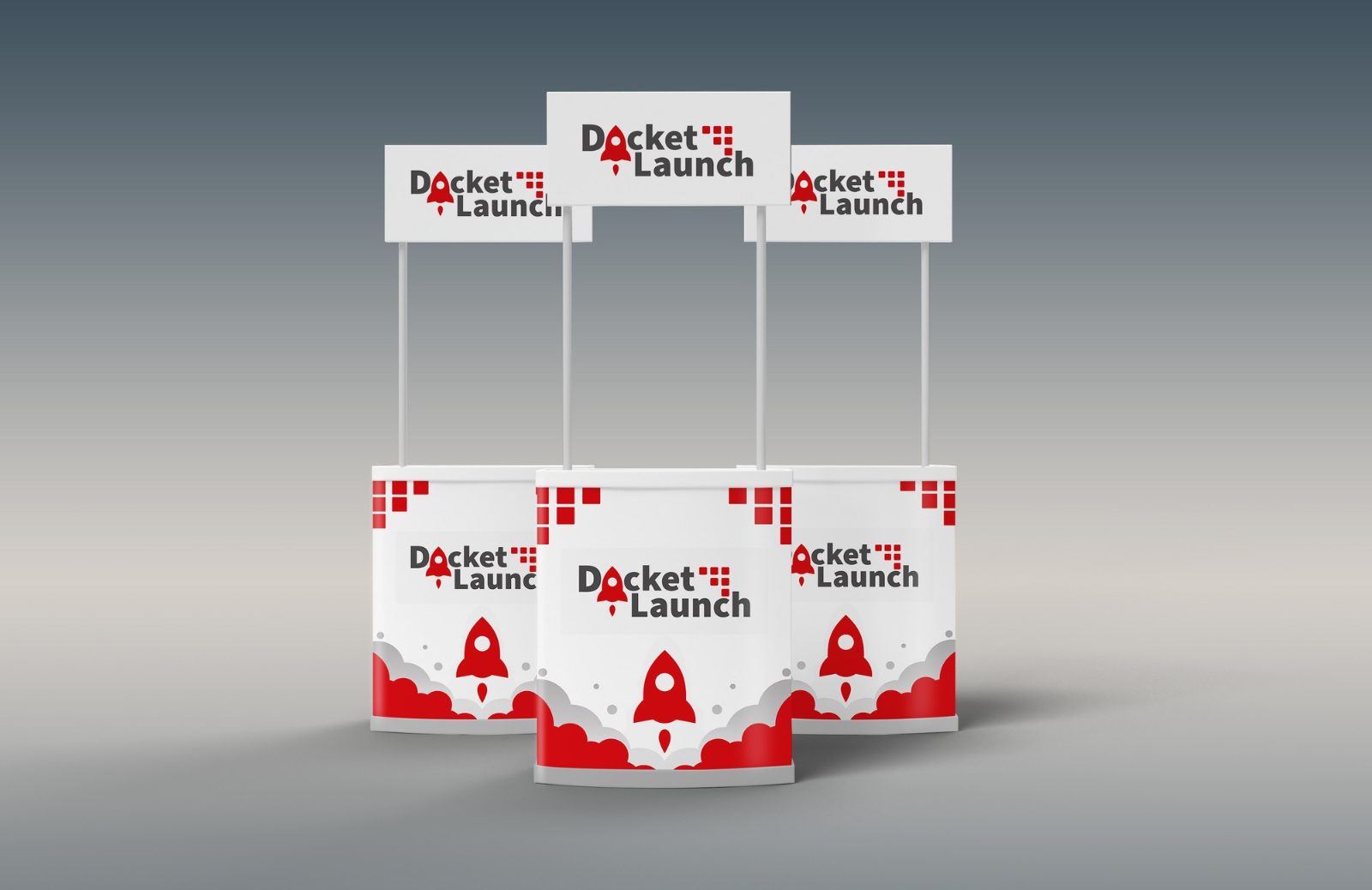 Three white promotional counters with red pixel and rocket graphics and Docket Launch header signs