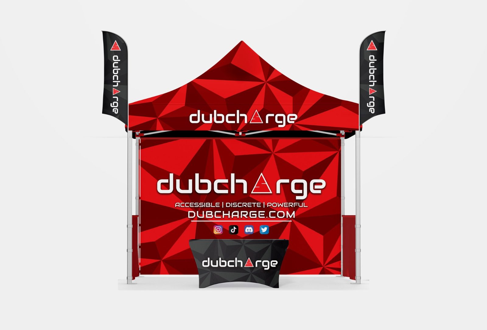 dubcharge event kit: a branded event tent with back wall, a table cover and two feather flags, shown on a presentation mockup