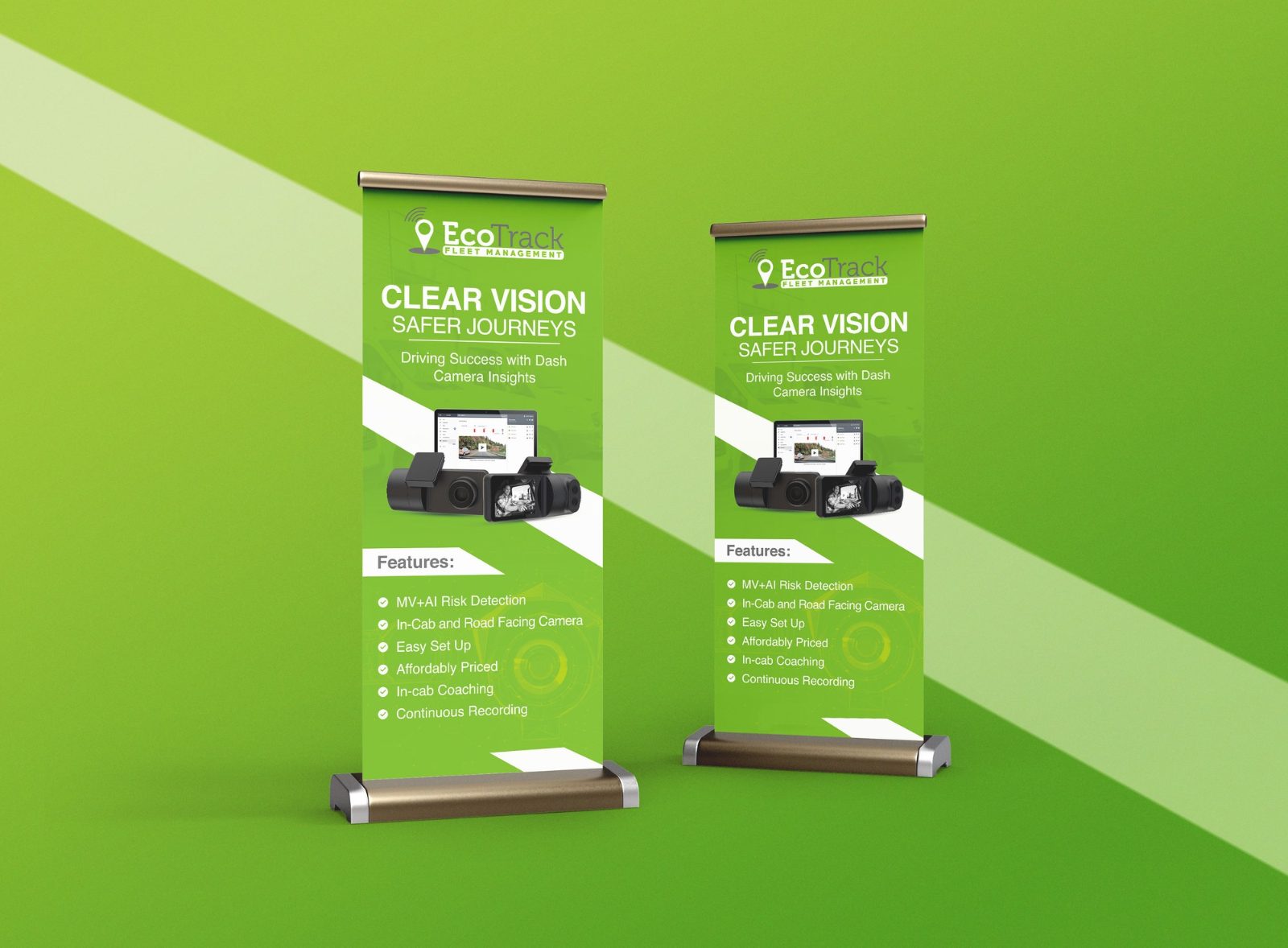Two green roll-up banners for EcoTrack Fleet Management headed Clear vision, safer journeys, with a dash camera image and a feature list