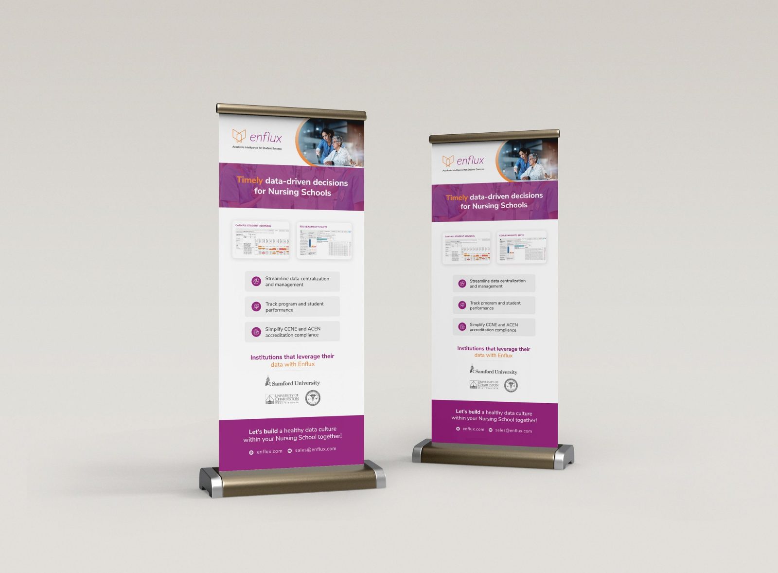Two white and purple roll-up banners for enflux headed Timely data-driven decisions for Nursing Schools, with dashboard screenshots and a list of benefits