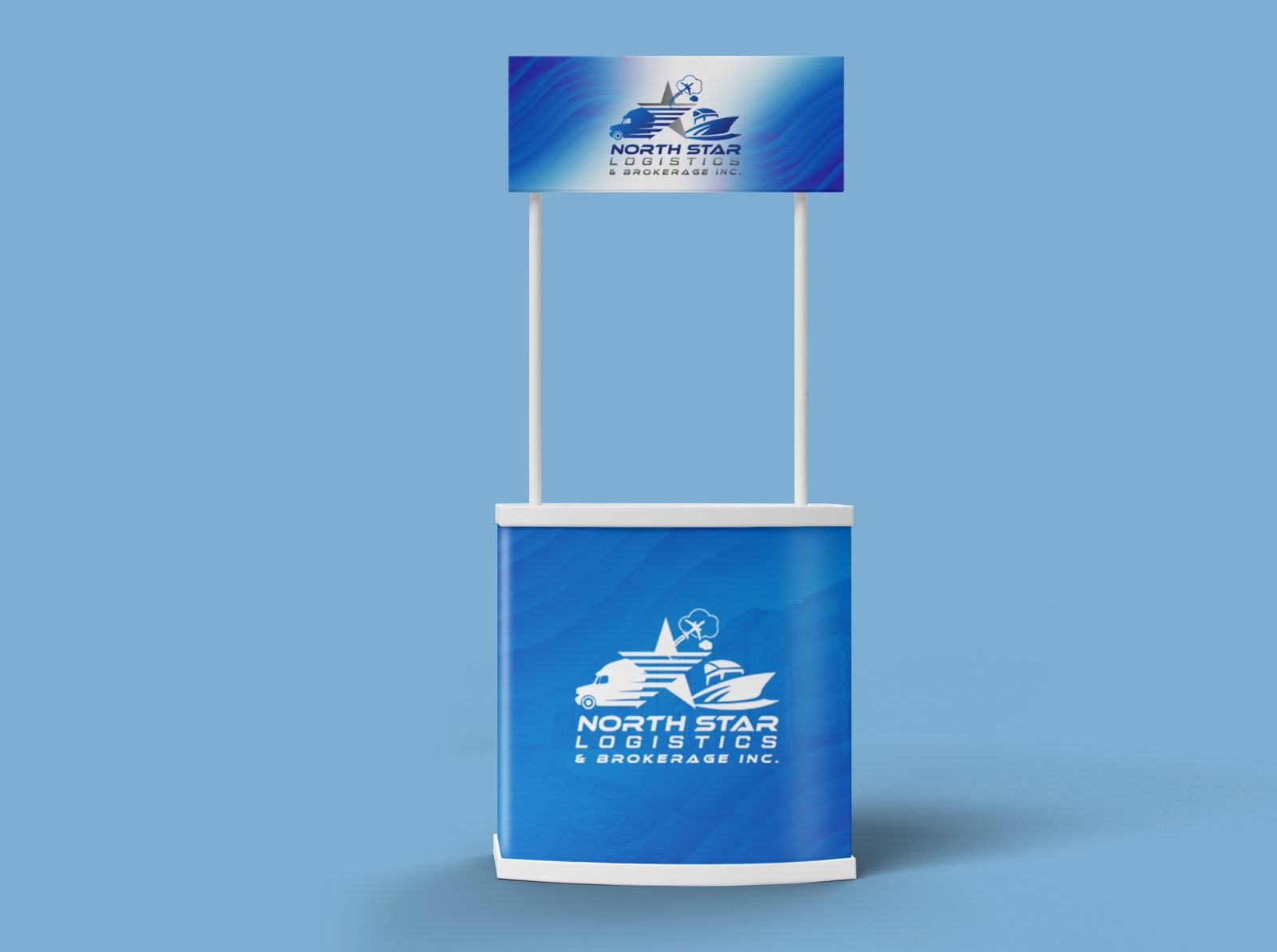 Blue promotional counter with a header sign for North Star Logistics and Brokerage Inc., showing the star and ship logo on the counter front