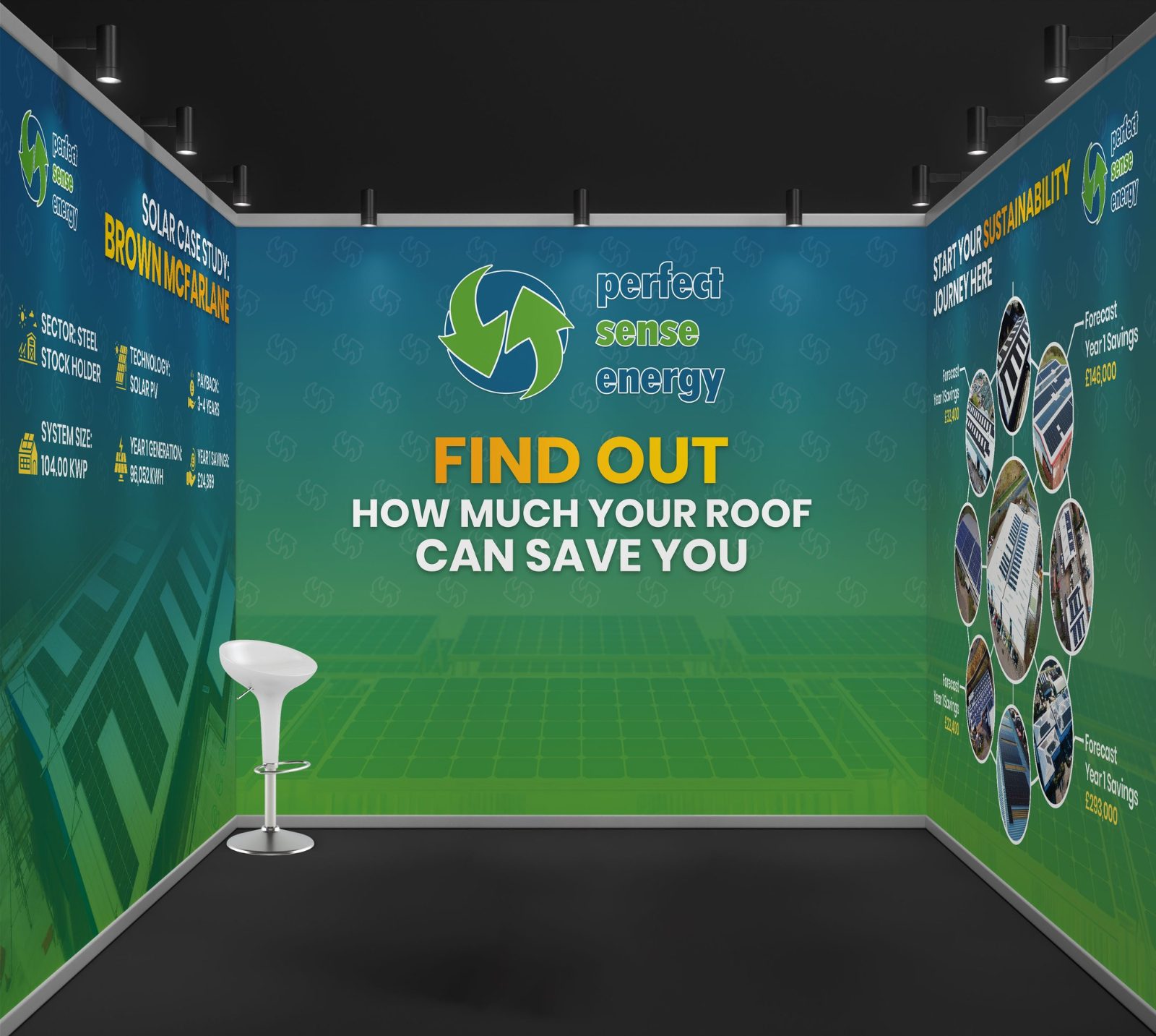 Green U-shaped booth for Perfect Sense Energy headed Find out how much your roof can save you, with solar product panels on the side walls