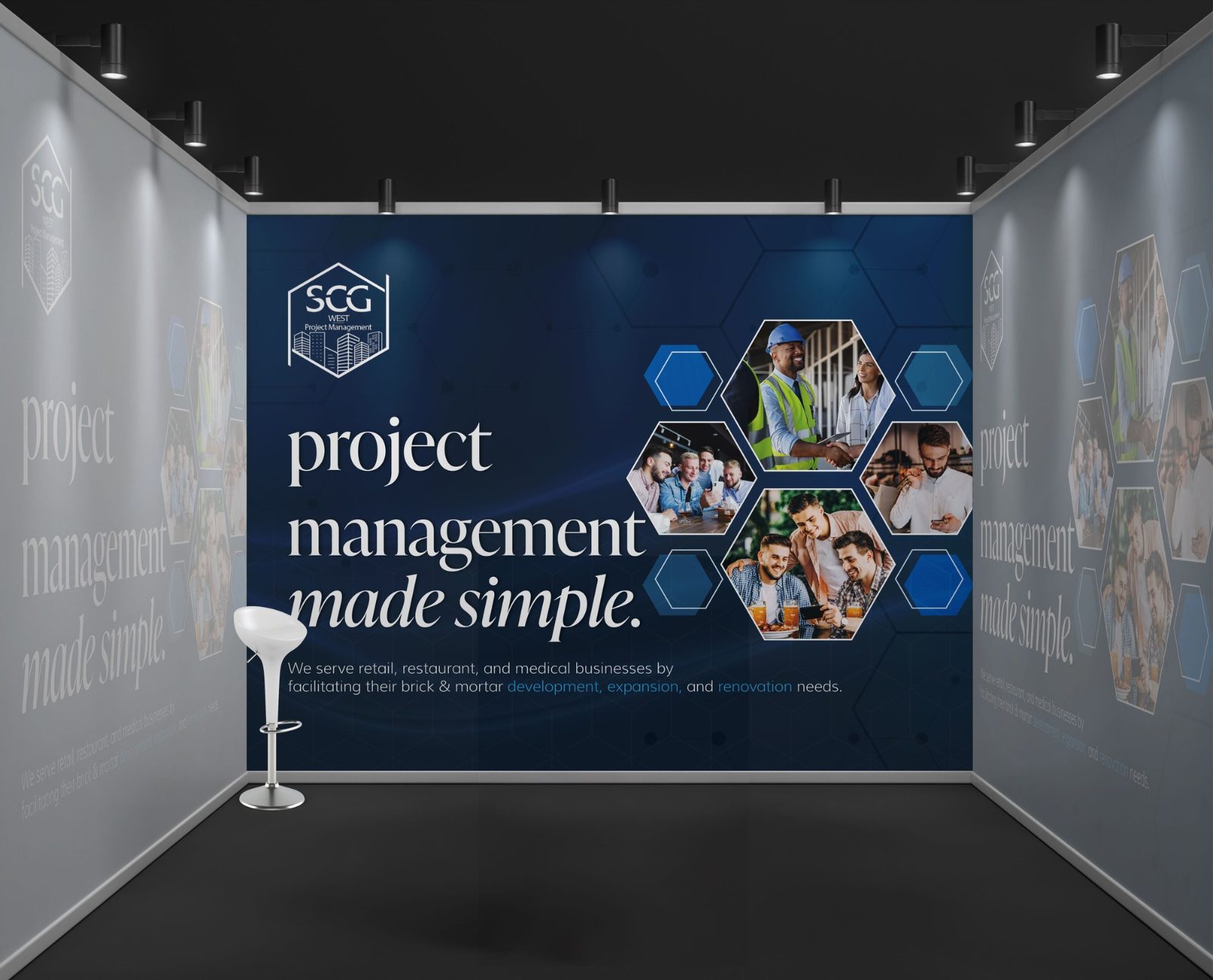Navy back wall with the SCG West logo and the headline project management made simple beside hexagon photos of construction and business teams, with grey side walls repeating the headline