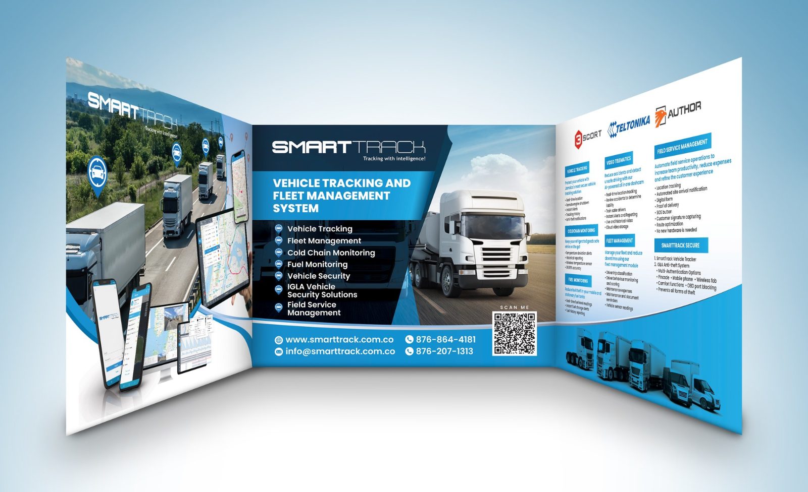 Blue and white booth walls for SmartTrack headed Vehicle tracking and fleet management system, with trucks, a tracking app on screens and a QR code