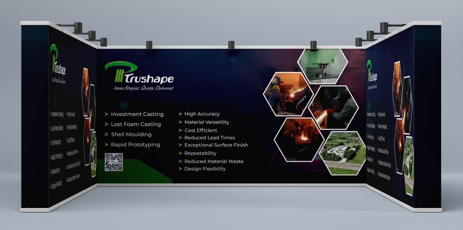 Dark U-shaped booth for Trushape, a casting manufacturer, with its services and strengths listed beside hexagon photos of foundry work and a QR code