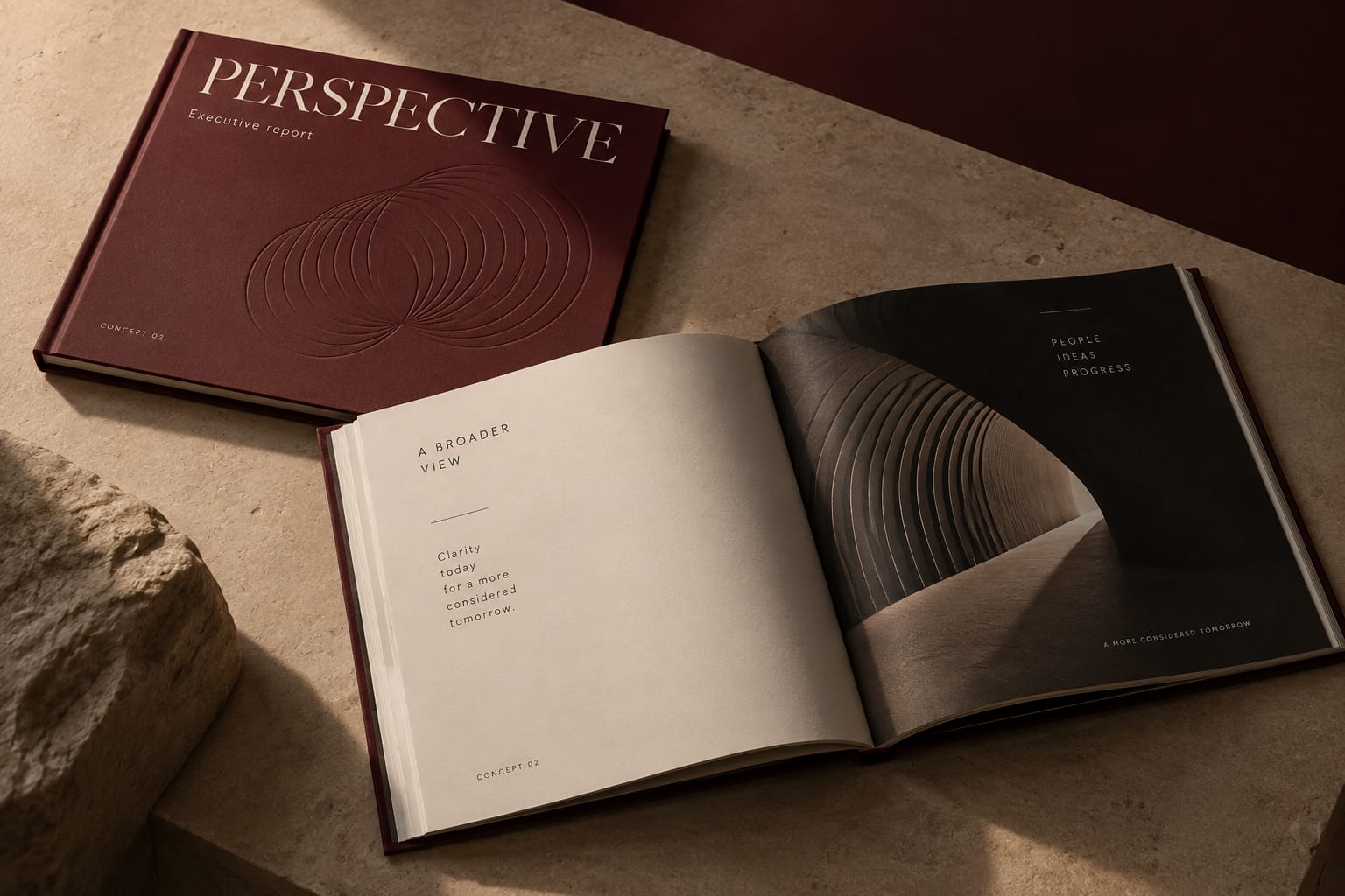 AI-generated concept of two burgundy Perspective executive reports on a stone plinth, one open to a black and white spread