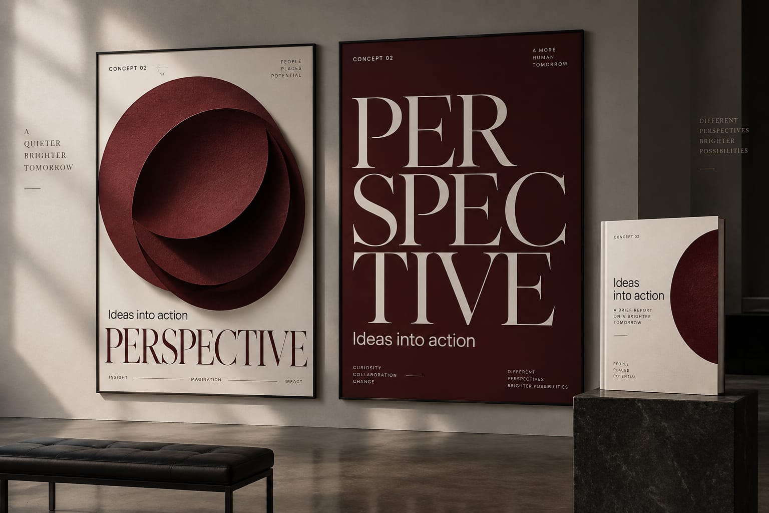 AI-generated concept of a tall burgundy poster reading Perspective, beside a poster with a burgundy paper relief