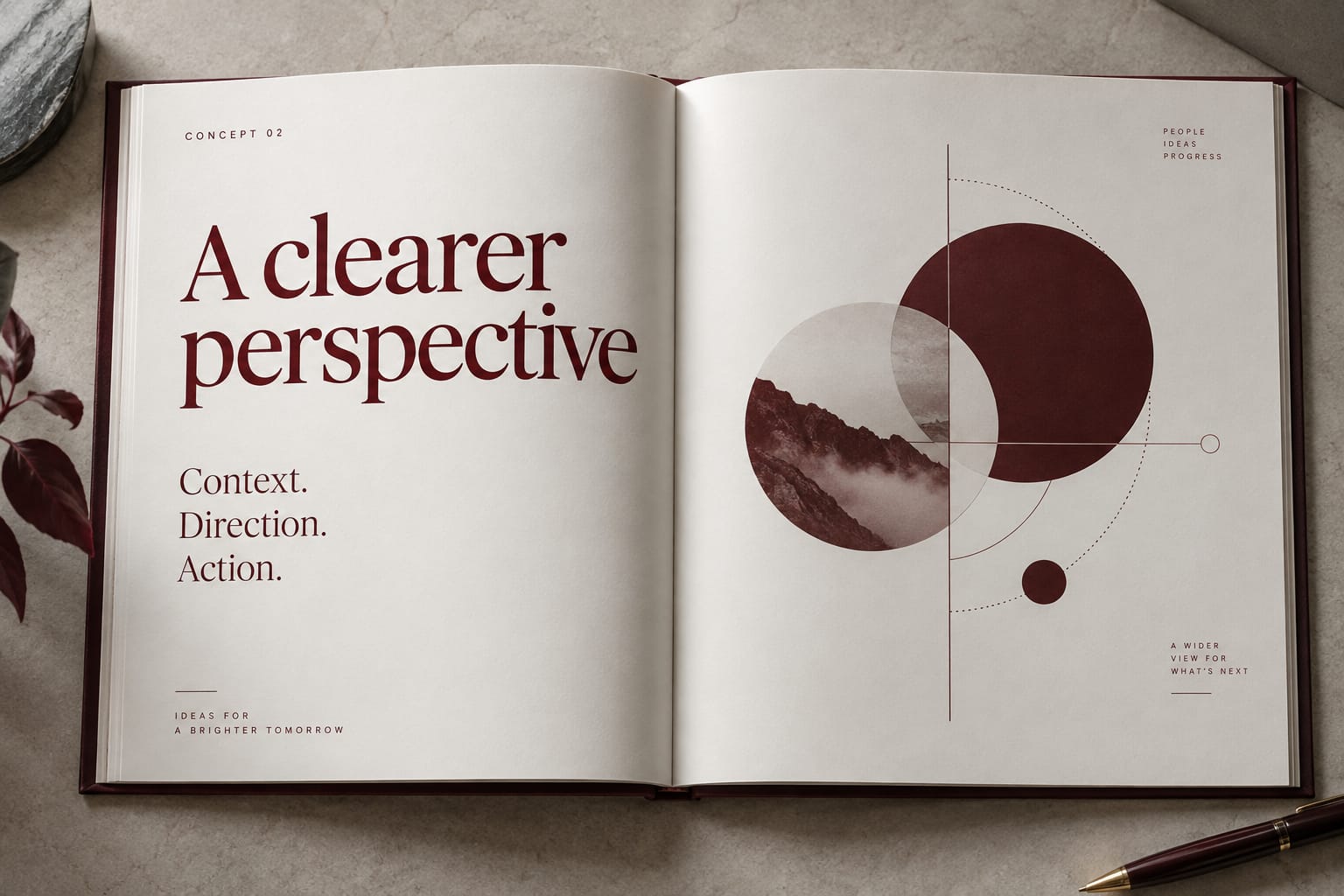 AI-generated concept of an open report spread headed A clearer perspective, with burgundy circles and a thin rule