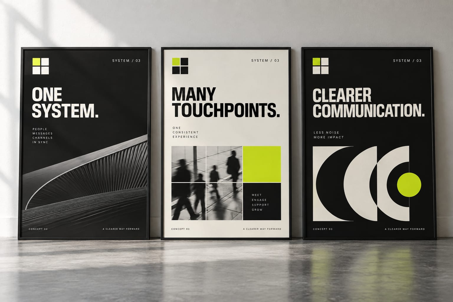 AI-generated concept of three framed SYSTEM / 03 campaign posters reading One system, Many touchpoints and Clearer communication