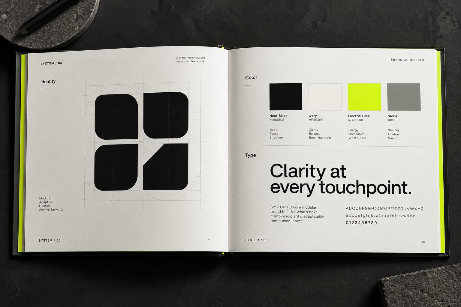 AI-generated concept of an open SYSTEM / 03 guidelines book with the four-square symbol, colour swatches and a type specimen