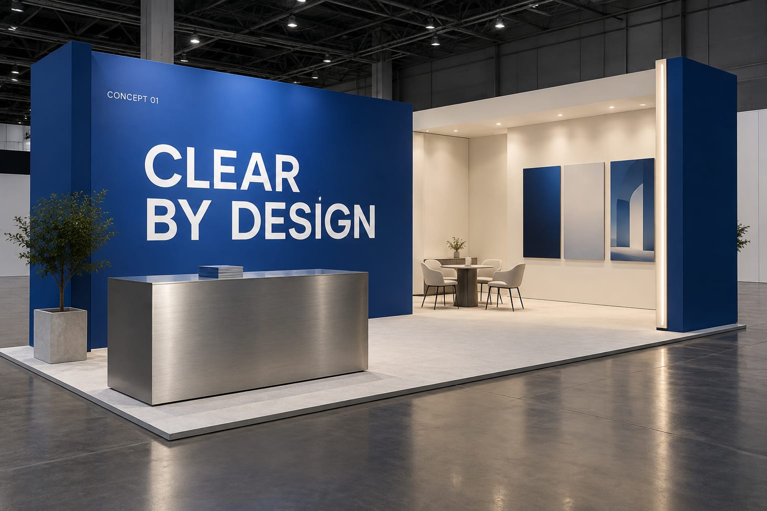 AI-generated concept of a cobalt and warm white exhibition booth reading Clear by Design, with a brushed aluminium counter