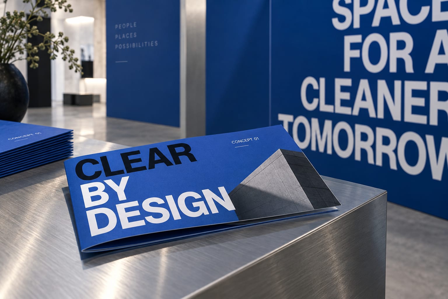AI-generated concept close-up of a cobalt Clear by Design brochure on an aluminium counter, with large blue signage behind