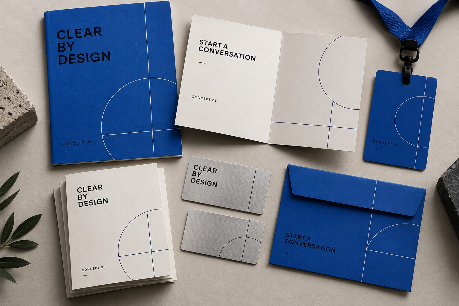 AI-generated concept flat lay of cobalt and white brochures, an invitation, a lanyard badge and aluminium cards reading Clear by Design