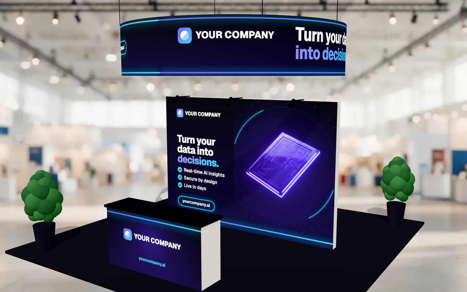 A 20 x 20 ft island booth in Booth Studio with a double-sided central wall, hanging ring banner and counter, using a placeholder brand