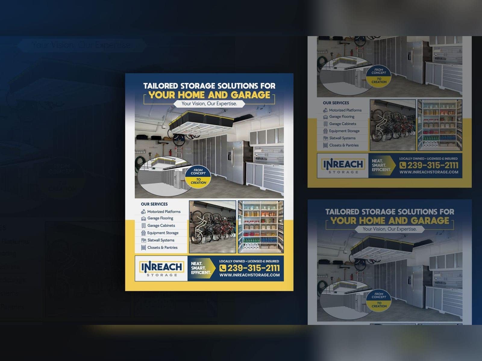 Blue and yellow flyer for InReach Storage headed Tailored storage solutions for your home and garage, with garage photos and a list of services, shown on a presentation mockup.