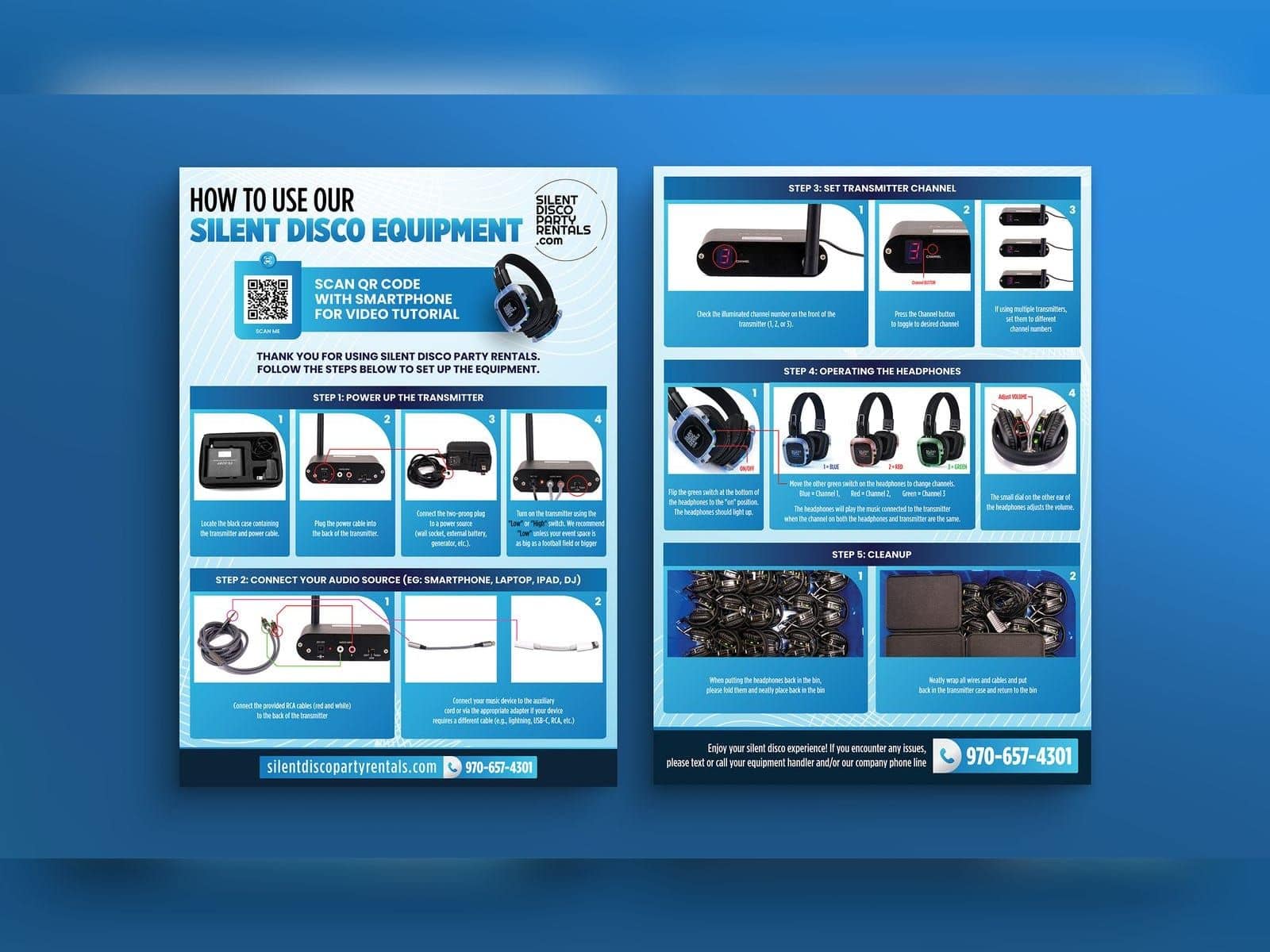 Two-page blue setup guide for Silent Disco Party Rentals: numbered steps with equipment photos, a QR code for a video tutorial and the phone number, shown on a presentation mockup.