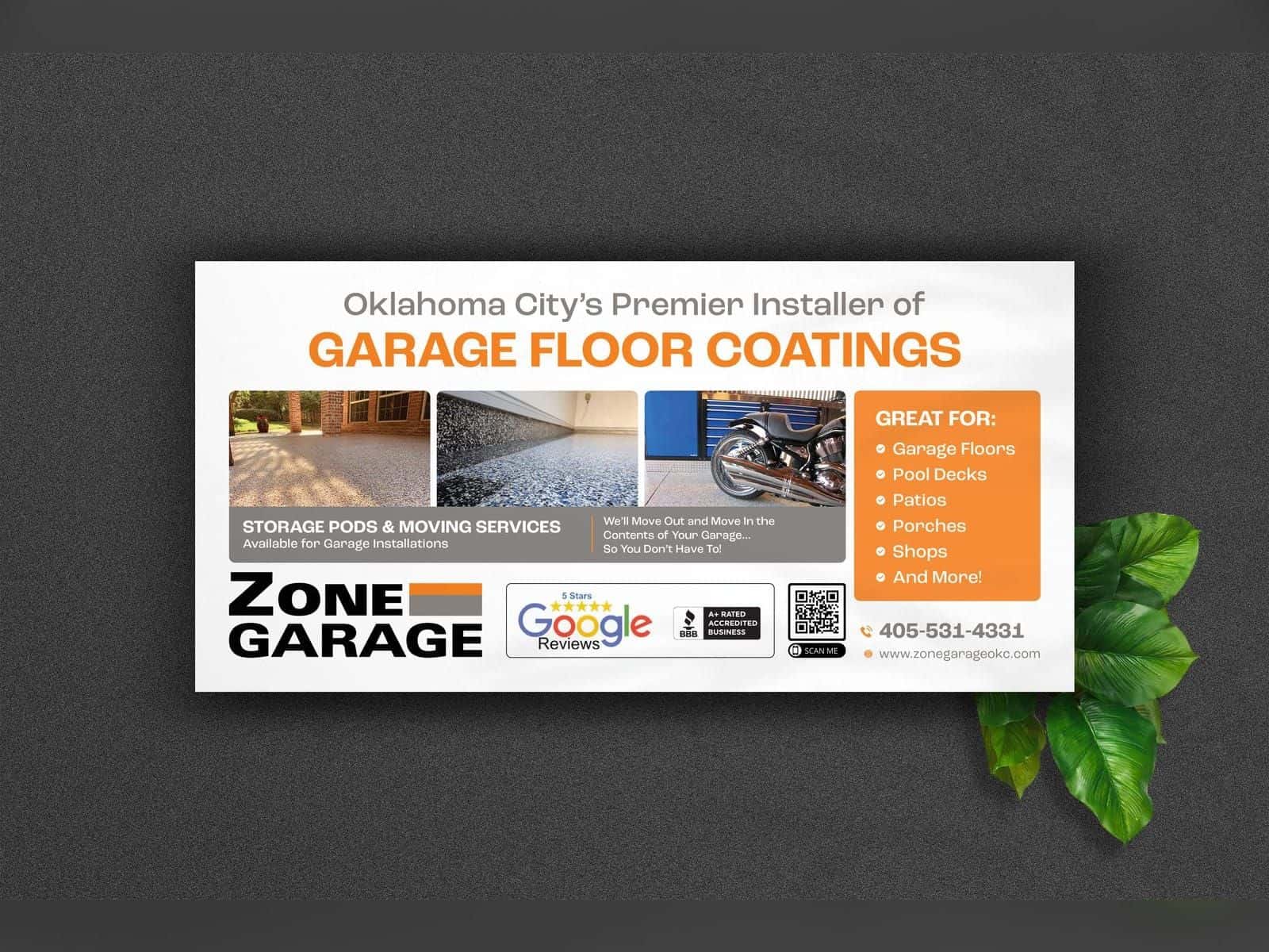 Landscape card for Zone Garage headed Garage floor coatings, with floor photos, a list of uses, a QR code and contact details, shown on a presentation mockup.