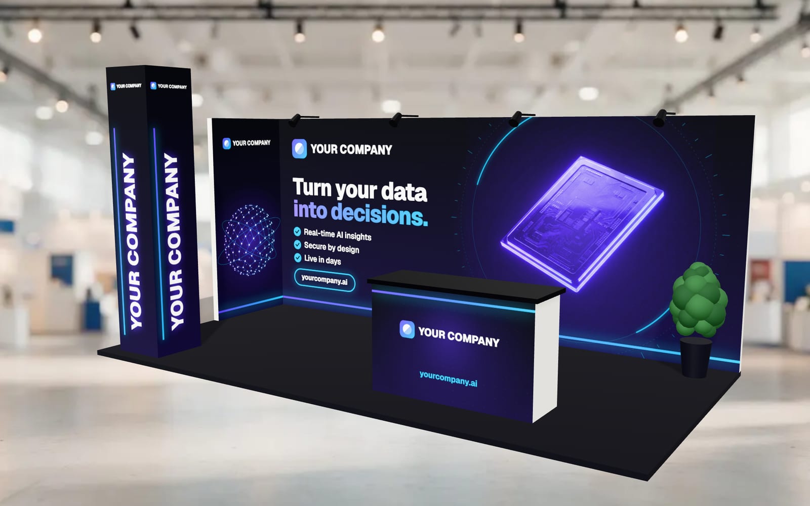 A 3D booth preview made with Booth Studio, using a placeholder AI brand and an AI-generated product visual